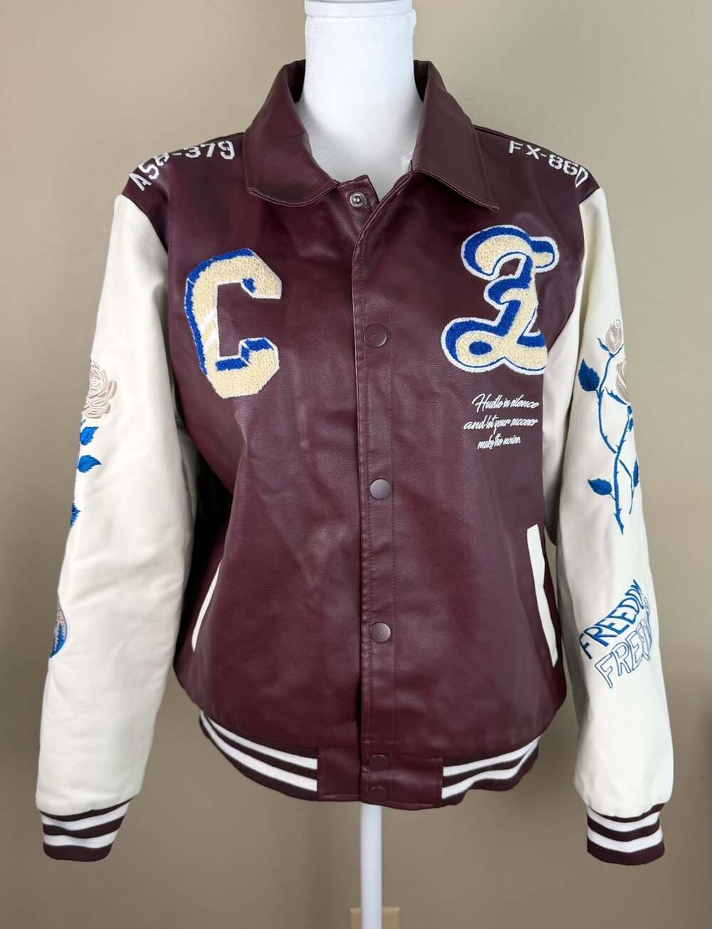 Ring Of Fire XL Paradise Vegan Leather Varsity Jacket Maroon White Embroidered